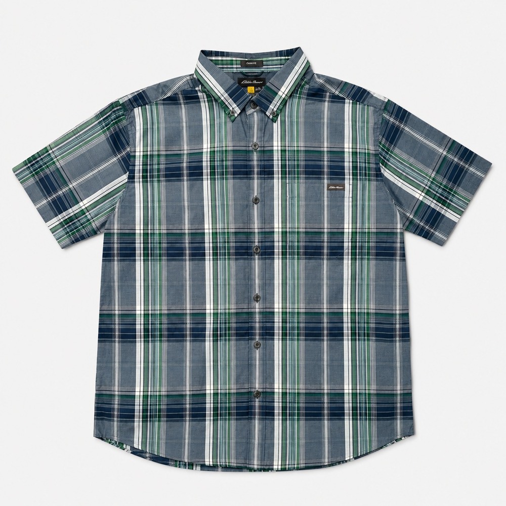 Eddie Bauer Mens XL Classic Fit Plaid Shirt Blue Green Short Sleeve Button Up